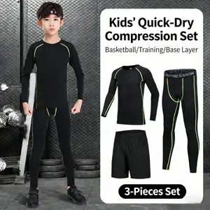 Four Seasons Kids' Quick-Dry Compression Set 3pcs Athletic Wear Tight Training Suit Casual Sportswear High-Elasticity Running Suit Outdoor Sportswear Basketball Compression Suit