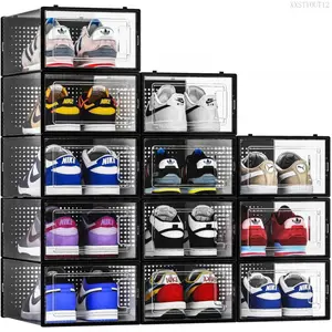 12 Pack Shoe Storage Bins, Clear Plastic Stackable Shoe Organizer for Closet, Space Saving Foldable Shoe Rack, Shoe Box Sneaker Holder Container, Black FrameXXSTYOUT12