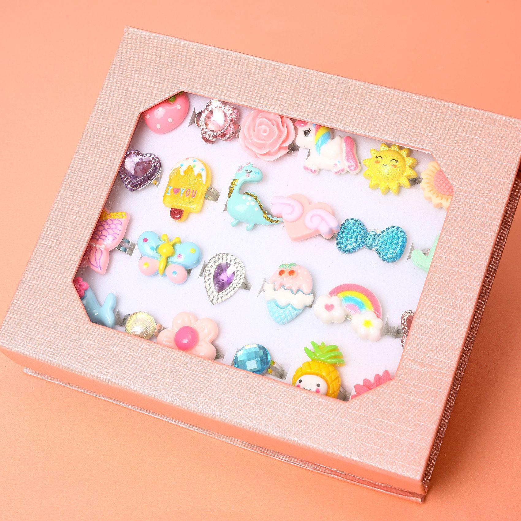 Kids Gifts Adjustable Ring 24P Pink Sheet Cute Rings for Girls - Pink Theme, Nickel Free, Safe Materials, Suitable for Ages 3-8, Birthday Gift