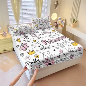 3pc Cute Princess Theme Fitted Sheet Set, Kawaii Unicorn Bed Sheet Set, Soft Microfiber Deep Pocket Design Bedding Set , Princess Castle Rainbow Printed Mattress Cover for Little Girls Bedroom & Dorm
