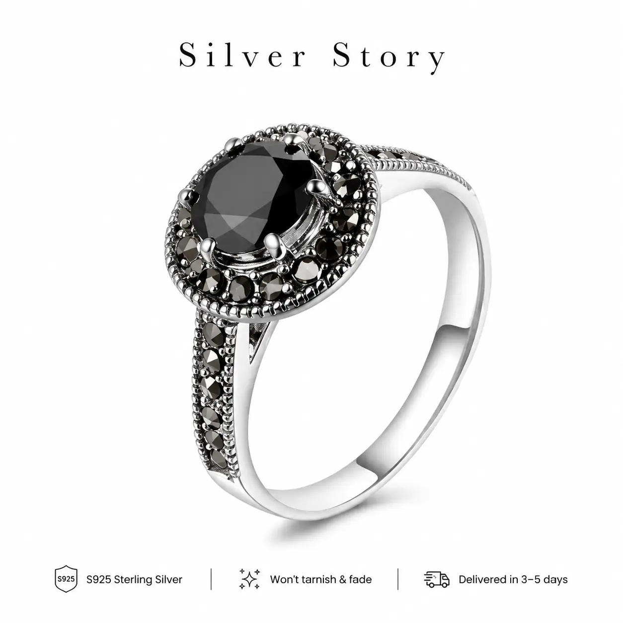 Vintage Oval Cut Black Onyx Ring for Women, 925 Sterling Silver Antique Halo Design, Boho Style Statement Jewelry, Meaningful Everyday Gift, 925 Rings, Meaningful Gifts