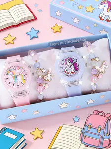 Cute Unicorn Silicone Watch Set with Glowing Quartz Movement, Casual Round Analog Watch for Kids, Best Birthday Gift
