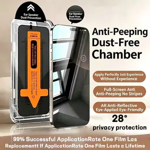 Second-paste anti-peep tempered film is suitable for IPhone 17 PRO MAX 16 15 14 13 12 11 PRO MAX PRO PLUS 16E 17AIR X XR XS MAX 28° anti-peep tempered glass, 9H hardness, 3D curved edges, suitable for phone cases and easy to install