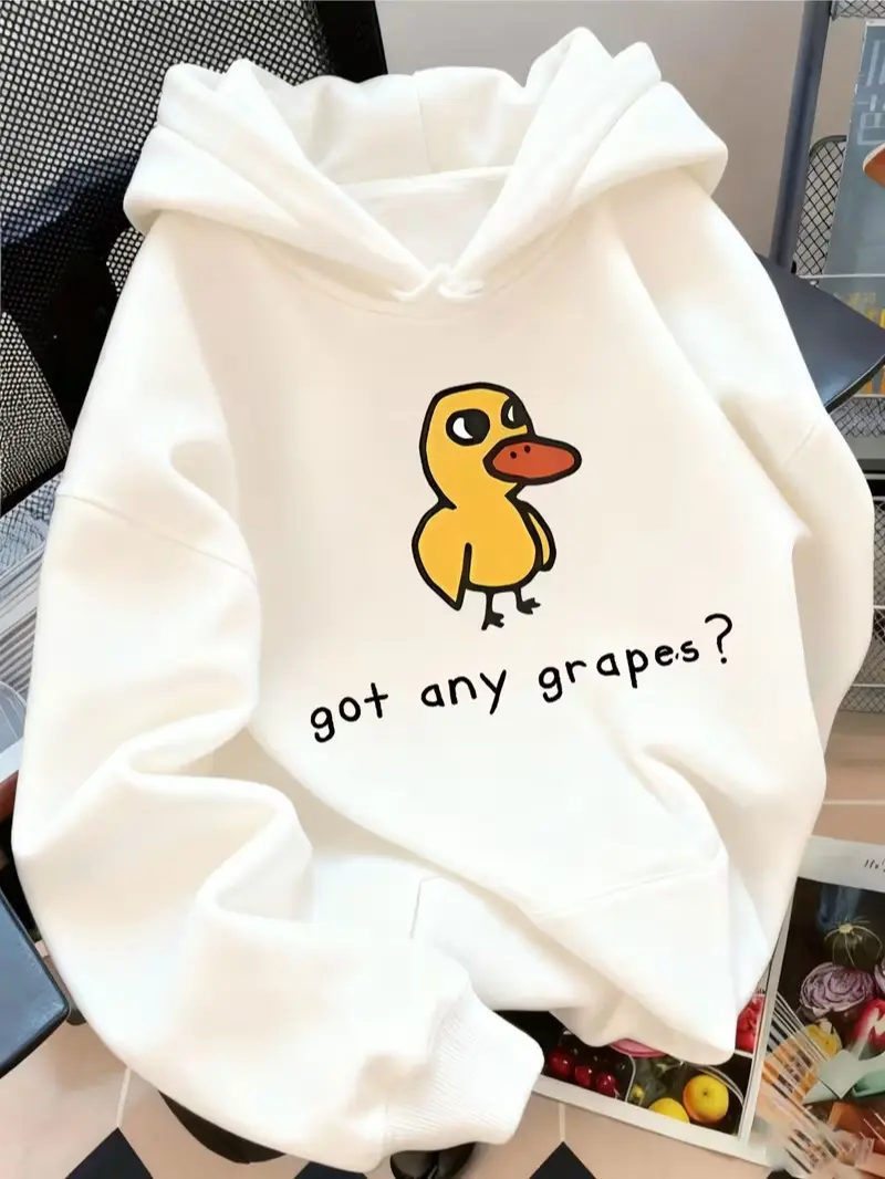 Got Any Grapes Cute Yellow Duck Cartoon Front Print Cotton Hoodie, Funny Meme Casual Sweatshirt