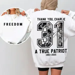 [Made in USA] Freedom Charlie Kirk Sweatshirt Unisex, True Patriot Graphic Tee, Rest In Peace Charlie Kirk, Thank you Charlie Tee, Justice Shirt, Political Shirt, Charlie Kirk Memorial, American flag Shirt - Trending - LORA ATCHER