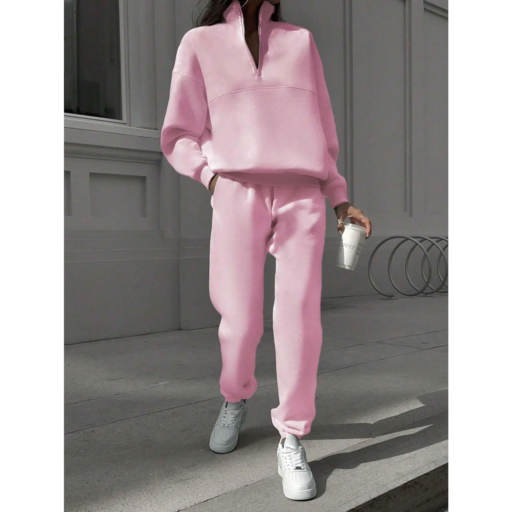 Women's Tracksuit Set - Sporty 2-Piece Polyester Outfit with Stand Collar Jacket and Elastic Waist Trousers, Khaki, Wine Red, Sporty Chic, Tracksuit Style, Light Pink Two-Piece Women's Tracksuit Set