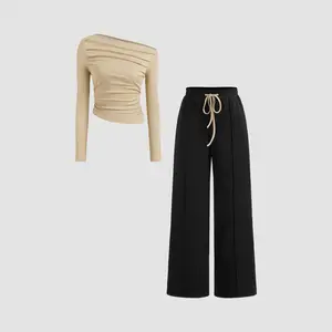 Cider [size 2-10] Asymmetrical Neck Ruched Top & Mid Rise Drawstring Wide Leg Trousers Set