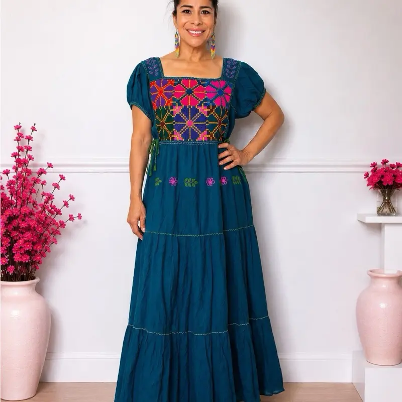Vestido punto de cruz manga corta - Long Embroidered Made in Mexico  Maxi Dress with Ruffle Sleeves and Lace Detail vestido mexicano bordado a mano hand made, made in mexico size S/M