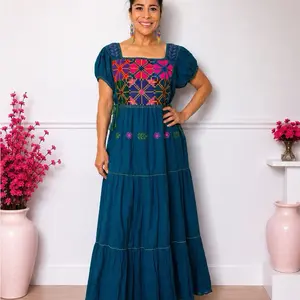 Vestido punto de cruz manga corta - Long Embroidered Made in Mexico  Maxi Dress with Ruffle Sleeves and Lace Detail vestido mexicano bordado a mano hand made, made in mexico size S/M