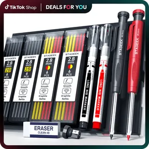 Father's Day Gifts - STAGEEK 2Pack Carpenter Pencils with 26 Refills, Heavy Duty Woodworking Tools, Deep Hole Long Nib Mechanical Pencil Set with Built-in Sharpener & Case (Black/Red)