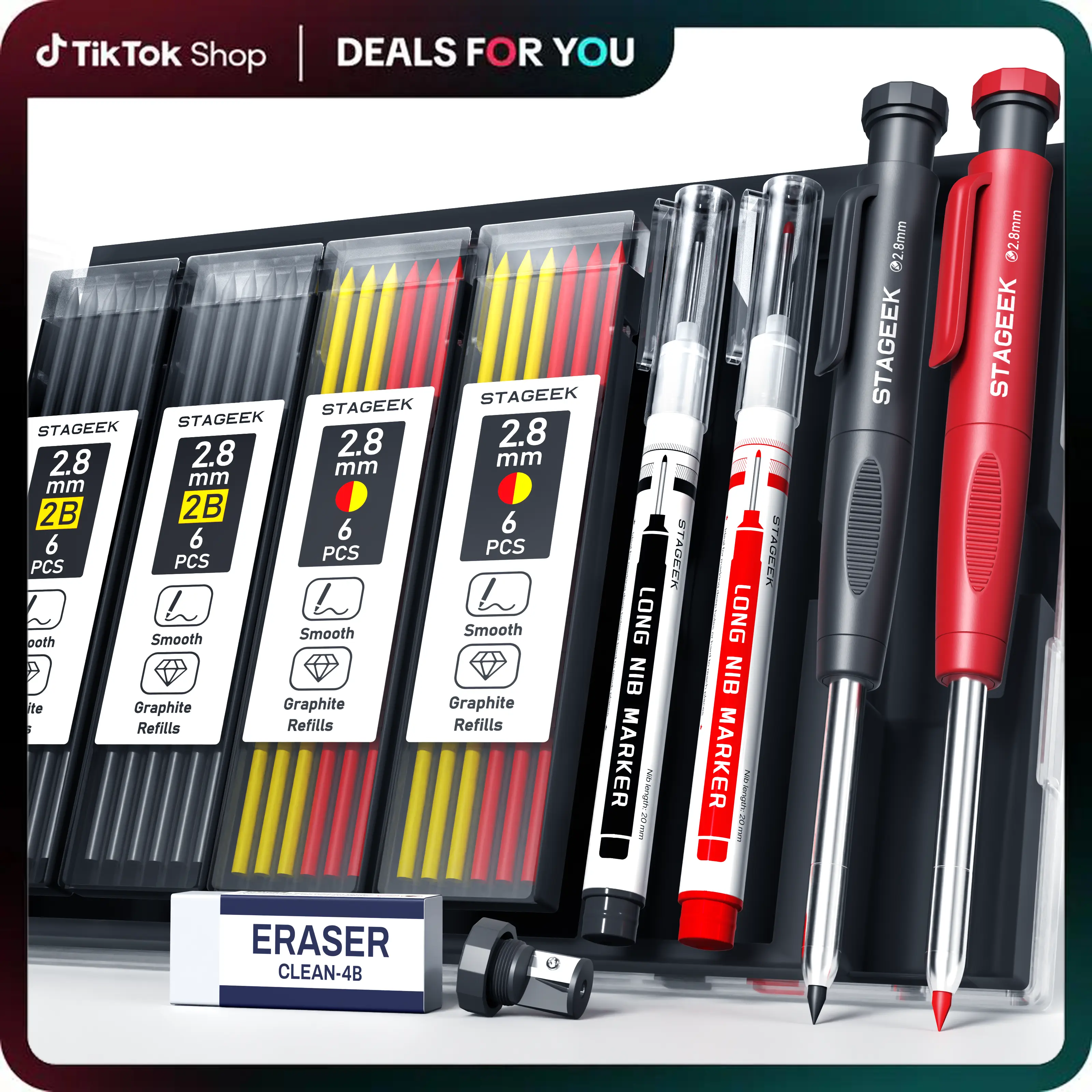 Father's Day Gifts - STAGEEK 2Pack Carpenter Pencils with 26 Refills, Heavy Duty Woodworking Tools, Deep Hole Long Nib Mechanical Pencil Set with Built-in Sharpener & Case (Black/Red)
