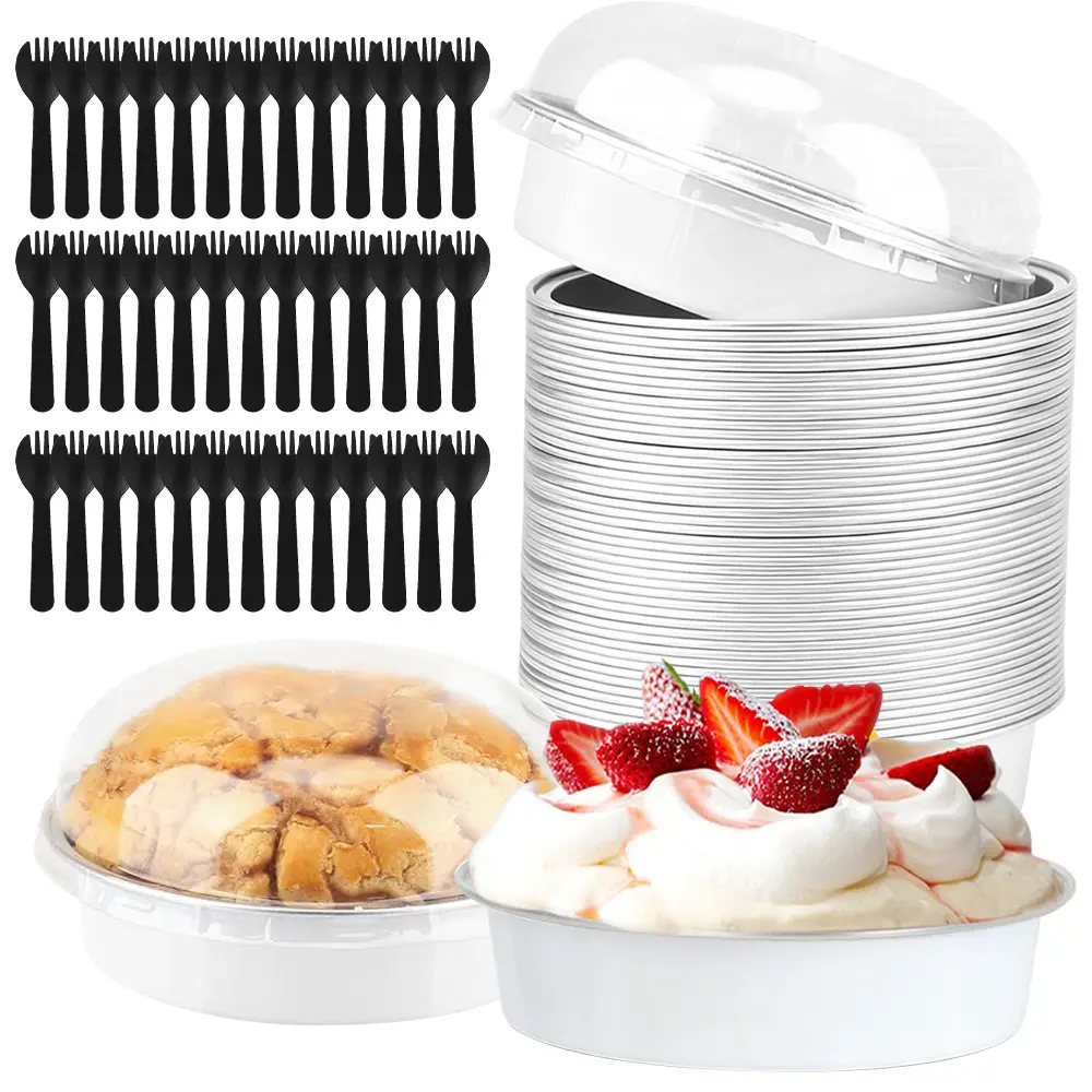 50pcs 8 OZ Mini Cake Pans Disposable Ramekins with Lids Round Aluminum Mini Foil Cake Tins Baking Pans for Party Wedding Pudding, with disposable spoon, Graduation Gifts Party Favors