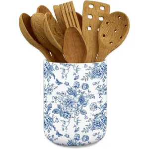 JarThenaAMCS Chinoiserie Floral Ceramic Utensil Holder Blue Flower Butterfly Utensil Crock for Home Kitchen Countertop Storage Organizer Container