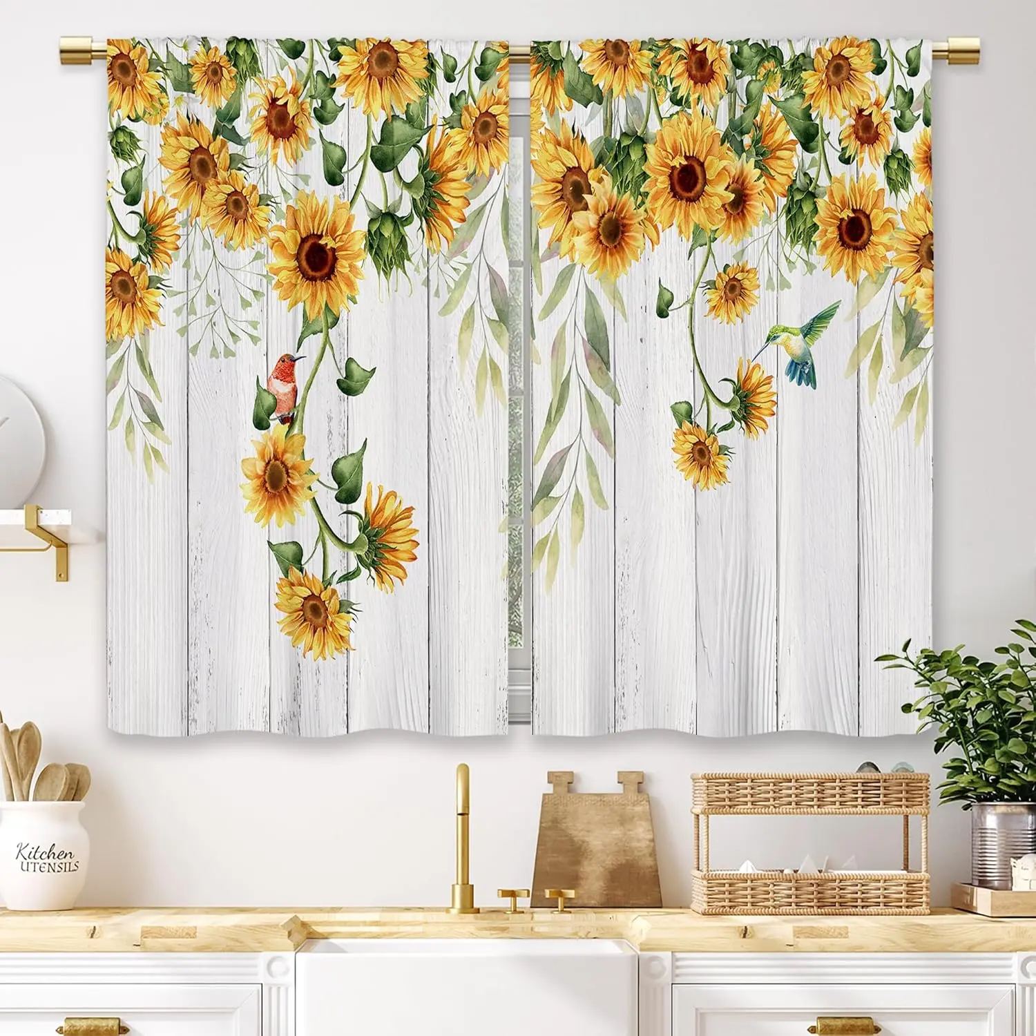 Farmhouse 2-Piece Sunflower Cafe Curtains Set, 27.5x39 in Rod Pocket Tier Drapes, Rustic Vintage Beautiful Patterns Curtains for Kitchen, Vintage Floral Curtains Window Hanging