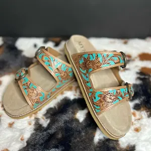 Western Tooled Leather Slide Sandals-Brown/Turqouise