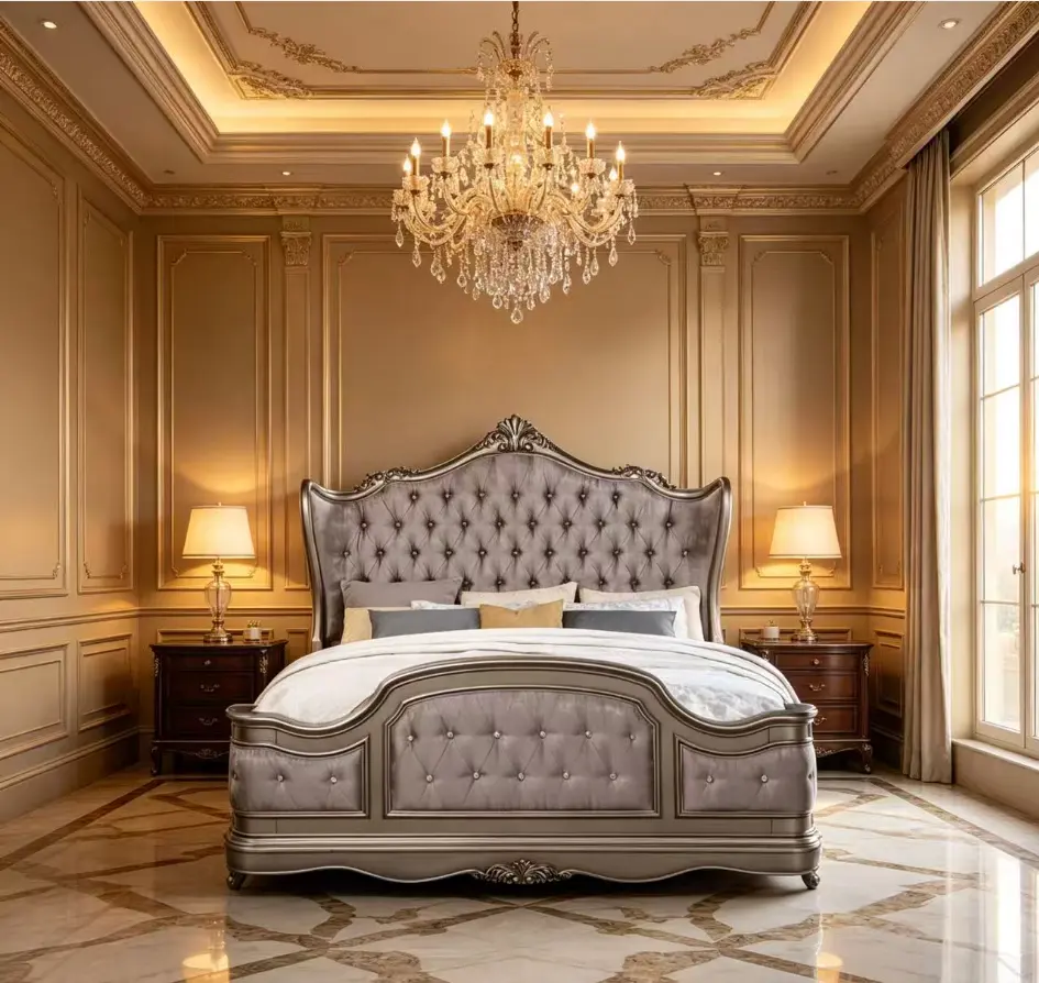 Bellemave Ariadne Velvet Upholstered Bed Frame - Antique Platinum Finish, Indoor Bedroom Furniture