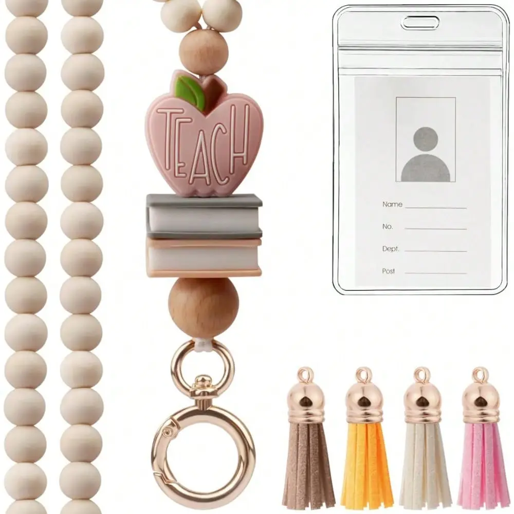 Women's Fashion Wood-Acrylic Beaded Breakaway Lanyard with ID Card Holder, Badge Reels - Key & ID Accessory for Teachers, Party Festive Decor Supplies