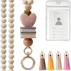 Teacher Lanyard With ID Holder, Fashion Wood Beaded Lanyard For Key,Cute Boho Breakaway For Women,For ID Badges Woman Teacher Nurse Office