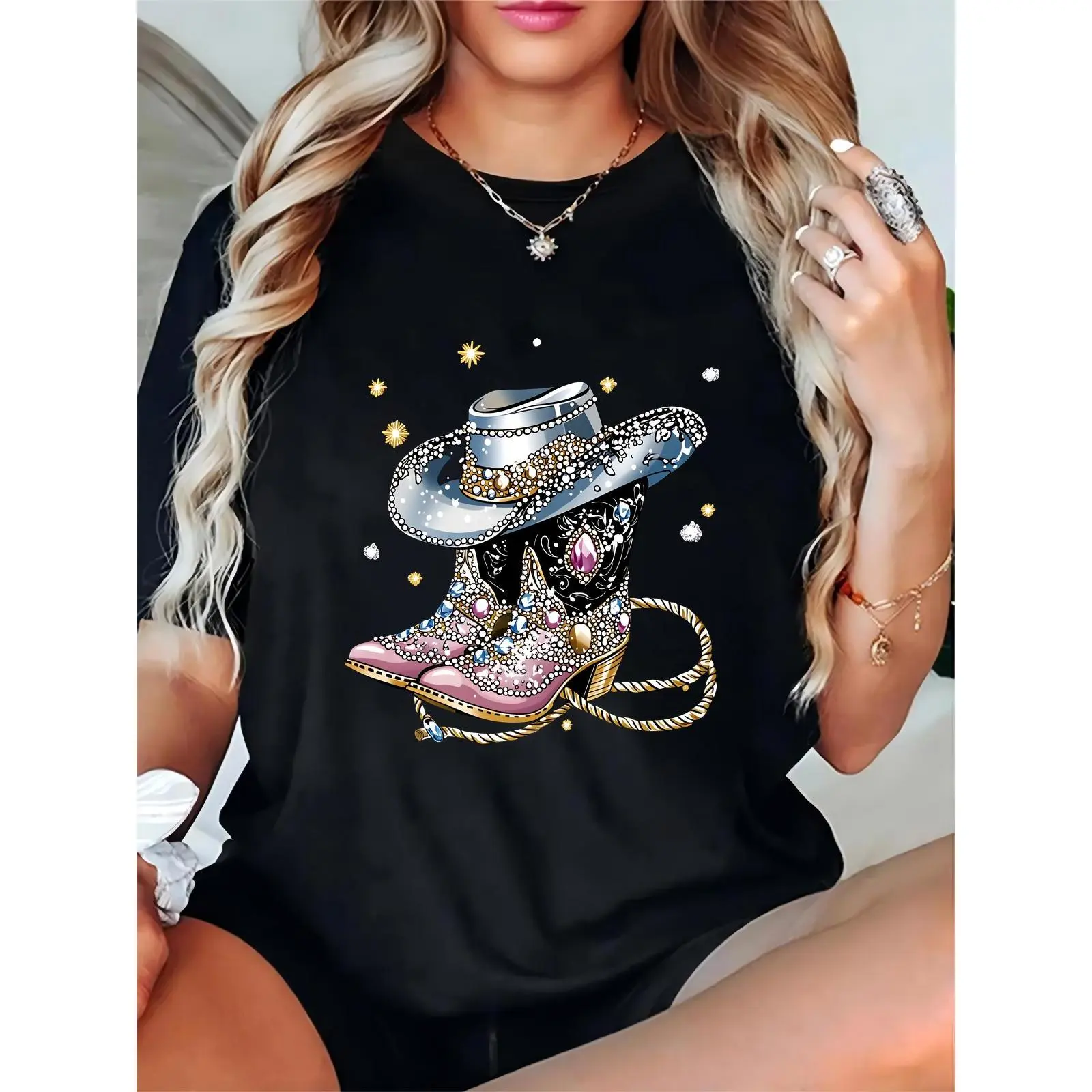 Women's 100% Cotton Crew Neck Short Sleeve T-Shirt - Black Rhinestone Cowboy Hat & Boots Graphic, Lightweight, Breathable, Loose-Fitting Fit, Western Rodeo Country Concert Casual Top (Pairs with Skirts), Comfortable, Tshirt, Rhinestones, Regular Sleeves,,