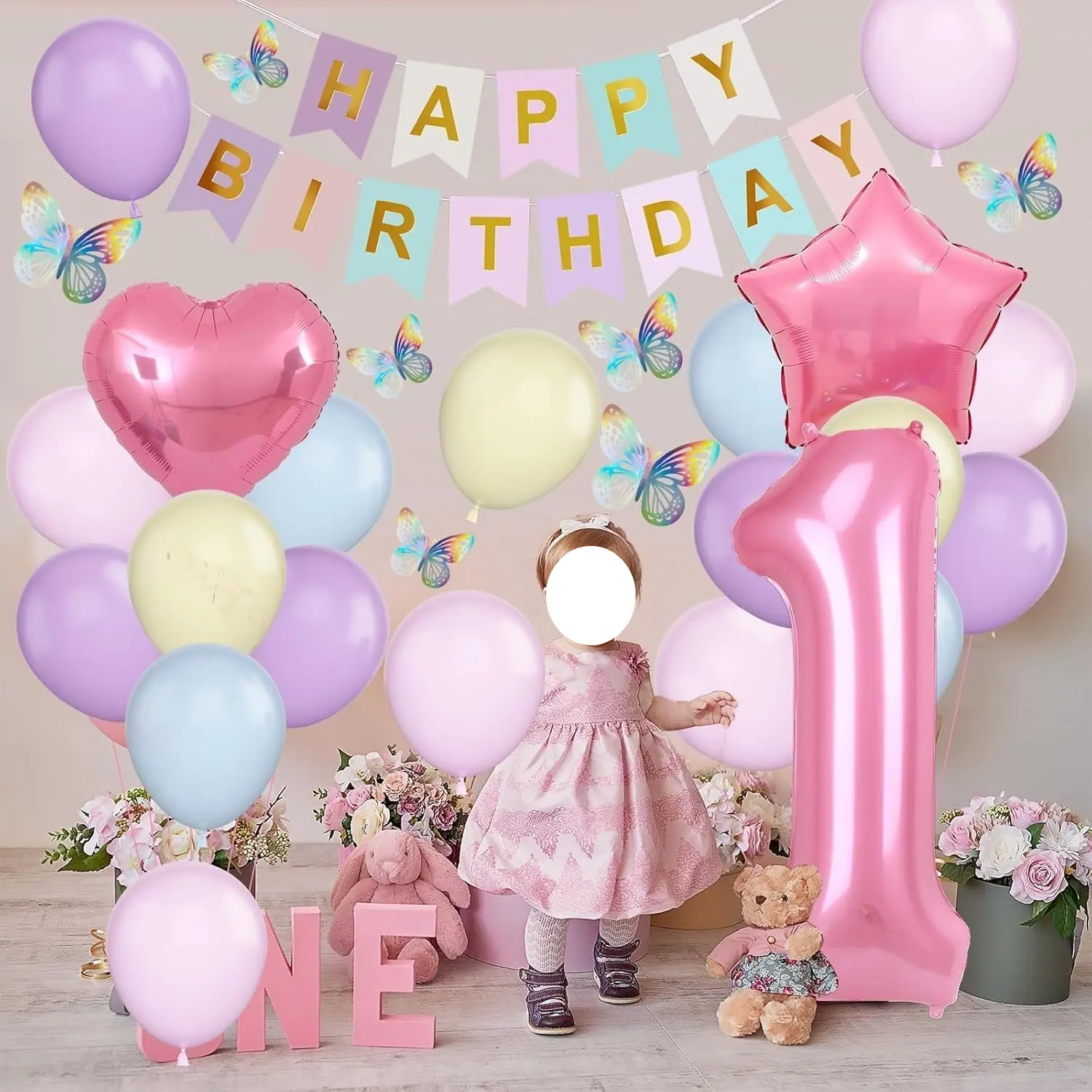1st Birthday Decoration for Girls, Pastel Macaron 1st Birthday Balloon, Pink Number 1 Balloon with Butterfly Stickers, Star Heart Foil Balloons Banner Set for 1 Year Old Birthday Party Decor