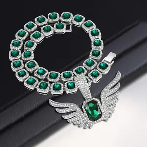 Fashion Hip Hop Wings Gemstone Pendant Necklace - Punk Cuban Jewelry, Necklace for All Occasions, Halloween Christmas Mother's Day Gift