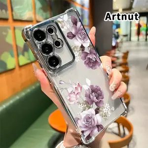 Four Corner Airbag Electroplated Phone Case Compatible with Samsung Galaxy S23 Ultra S24 Plus S25 S22+ FE Edge Pink White Flowers Patterned Anti-Collision Protection Smartphone Cover