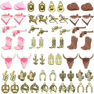 A set of Western Cowboy Series Hat Shoe Charm Bracelet Necklace Pendant for Jewelry Making,Boot Gun Hat Horse Cactus Trinkets