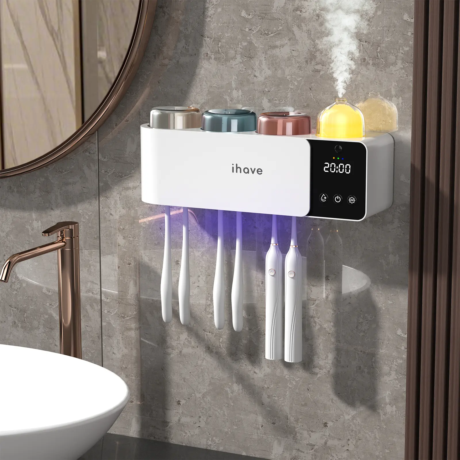 iHave Wall-Mounted Multifunctional Toothbrush Holder - Multi-Cup UV Sanitizer Dryer with Turbo Heated Drying, Aromatherapy Diffuser, Night Light, Clock, Toothbrush Protector, Adhesive Strip, Modern Bathroom Accessory