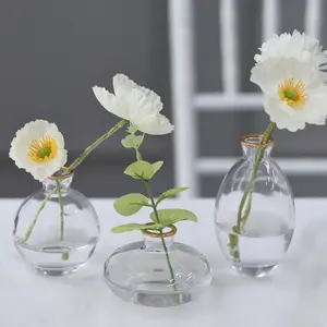 Set of 3 Glass Bud Vases Clear with Metallic Gold Rim - Modern Table Centerpieces