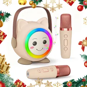 Mini Karaoke Machine Toy for Kids Portable with 2WirelessMicrophones for 4-12+ Years Old Christmas BirthdayGiftsfor Girls Boys,Family Gatherings(Beige)
