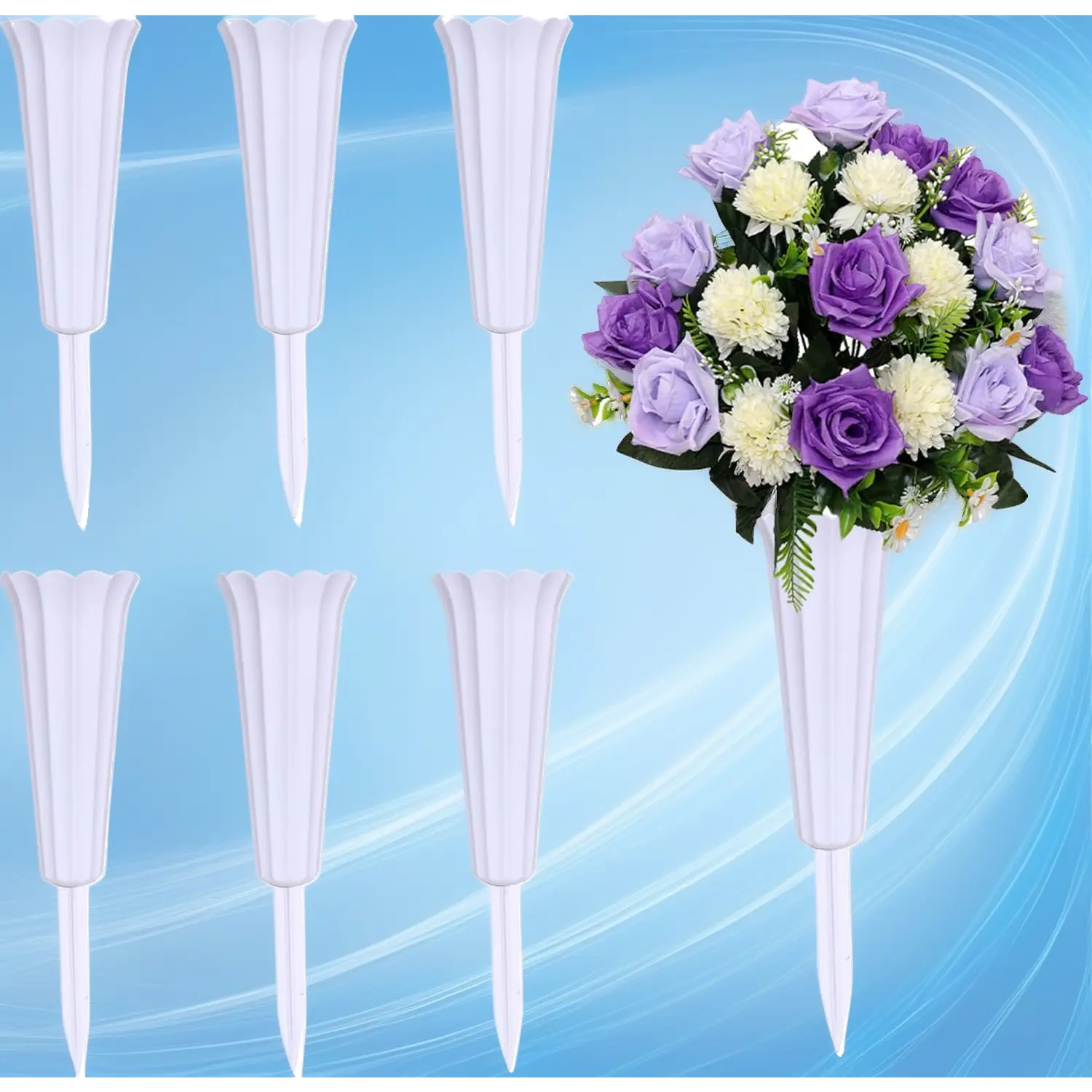 6-Pack White Plastic Cemetery Vases with Spiked Base, Memorial Flower Holders for Graves and Headstones (6 Pieces Included), Six Pieces