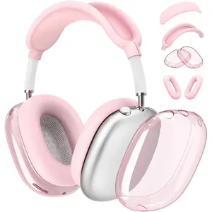 SQ-HPS030【4 in 1】 Set for Apple AirPod Max Case Cover, Anti-Scratch Ear Pad Covers/Ear Cups Cover/Headband Cover, AirPod Max Covers Accessories for Apple AirPods Max (2020 Lightning /2024 USB-C)-Clear Pink