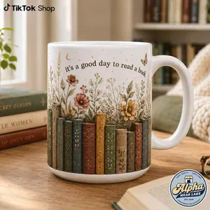 3D EFFECT Good Day Read Book Mug Floral Bookshelf Mug for Book Lovers 3D Faux Ceramic Coffee Cup Cozy Reader Gift Library Aesthetic Tea Cup