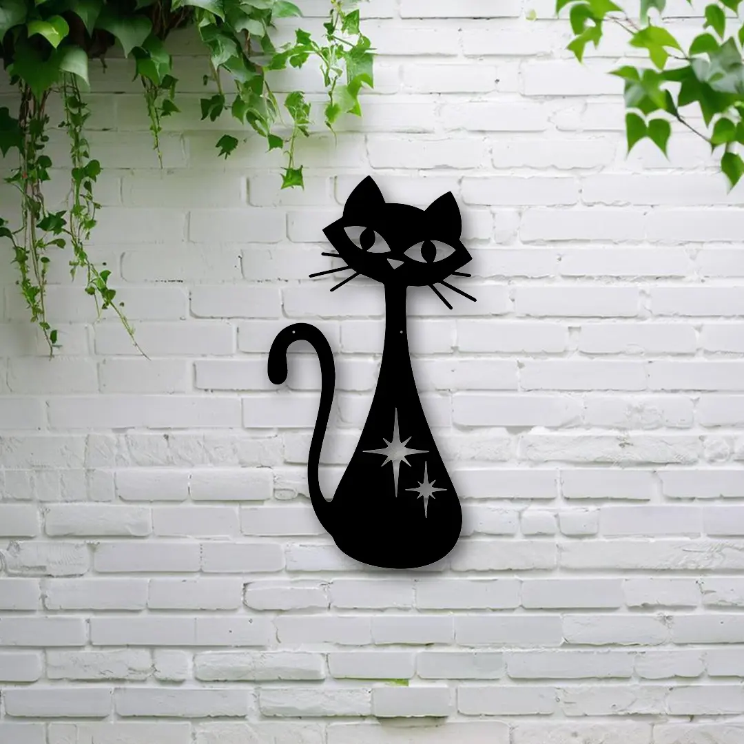 Vintage Atomic Cat Metal Wall Art, Medieval Modern Iron Decor, Shaped Cat and Star Design, Perfect Home Decoration