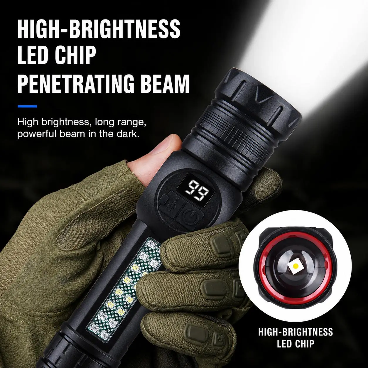 2-in-1 Compact LED Flashlight Power Bank - Digital Power Display, Rechargeable, Zoomable, IPX4 Water Resistant, Adjustable Brightness for Outdoor Emergency Camping Use, Sohochic bright strong light