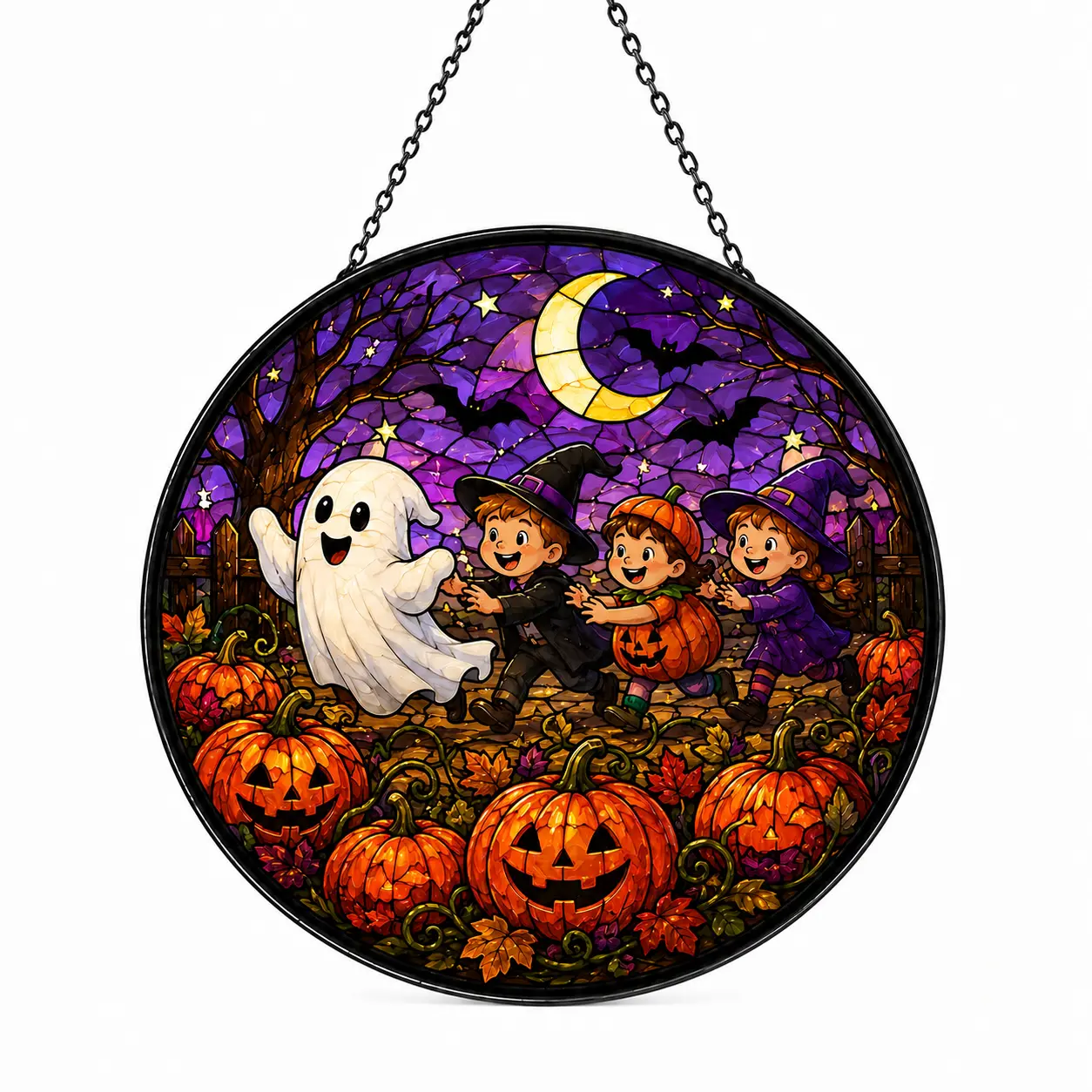 Halloween Ghost Suncatcher Window Hanging, Cute Trick or Treat Kids & Pumpkin Round Stained Glass Style Decor, Purple Moon Bat Autumn Home Decoration, Spooky Fall Gift for Halloween Lovers