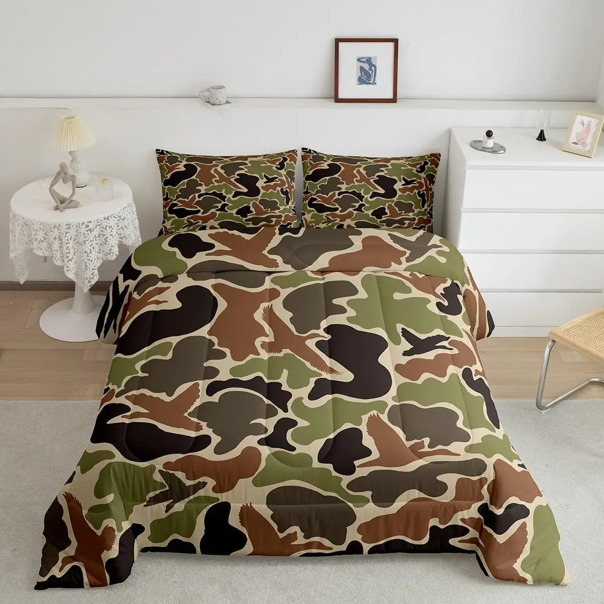 Duck Hunter Green Camouflage Hunting Comforter Set,Black Brown Comforter,Camo Army Bedding Set,Breathable Wild Duvet Set Bedroom