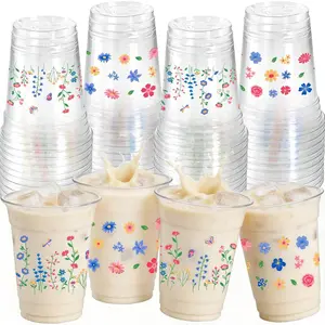 50pcs Wildflower Plastic Cups, 12 Oz Floral Clear Disposable Cups Bulk, Vintage Flower Plastic Drinking Cup for Spring Summer Party Favor Birthday Wedding Party Supplies