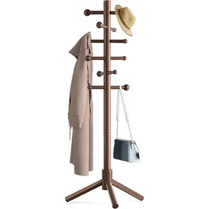 Freestanding Wooden Coat Rack with 12 Hooks 3 Adjustable Heights, Standing Coat Tree for Hats Coats, Fits Small Spaces Entryway Office Bedroom Brown