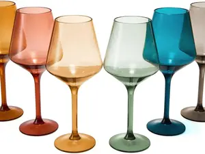 European Style Plastic Crystal, Stemmed Wine Glasses | Set of 6 | Acrylic Tritan Drinkware, Unbreakable Muted Color Shatterproof BPA-free, Reusable