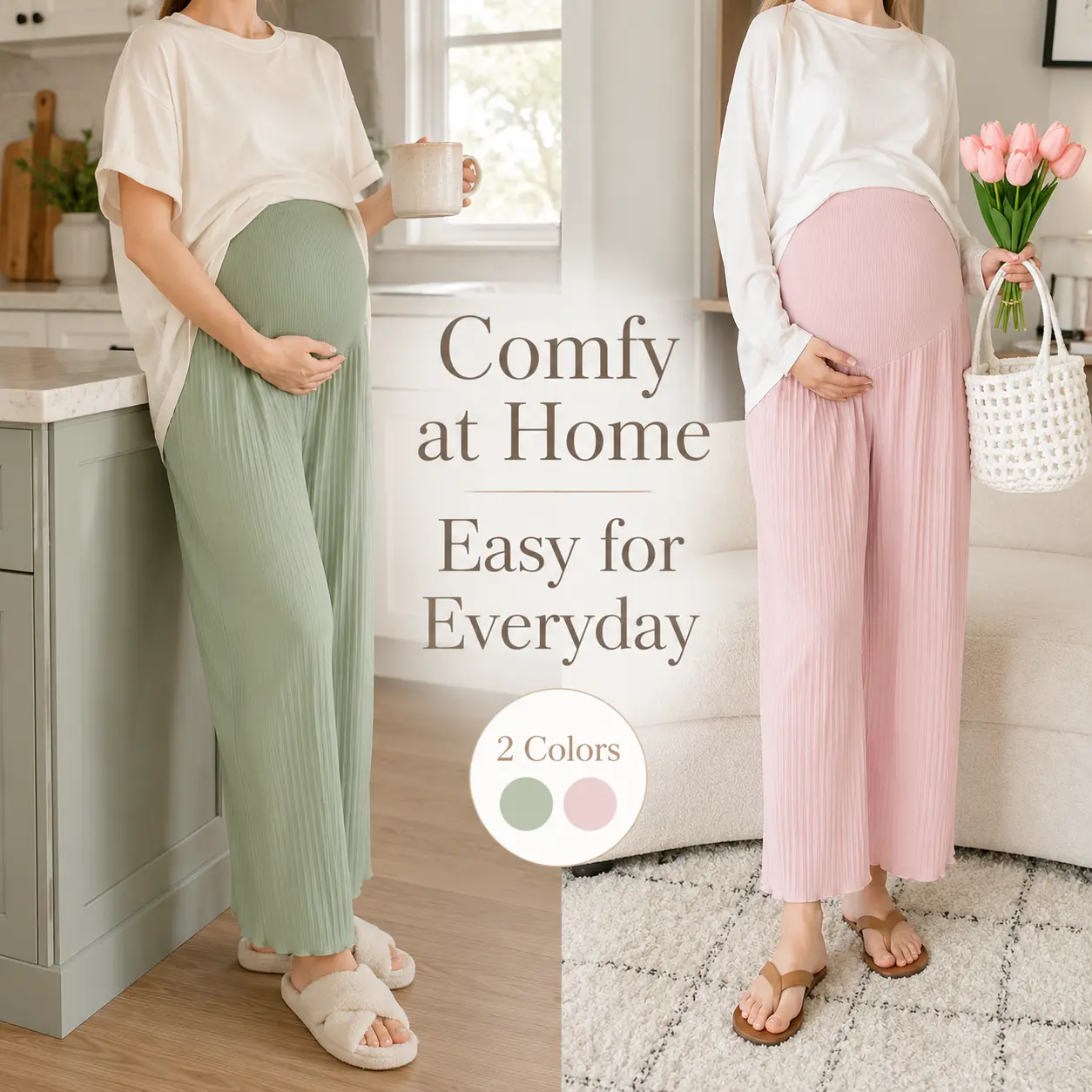 Women's Maternity Pleated Lounge Pants, Soft Lightweight Over-the-Bump Stretch Waist, Loose Wide-Leg Pregnancy Pants for Summer and Everyday Wear