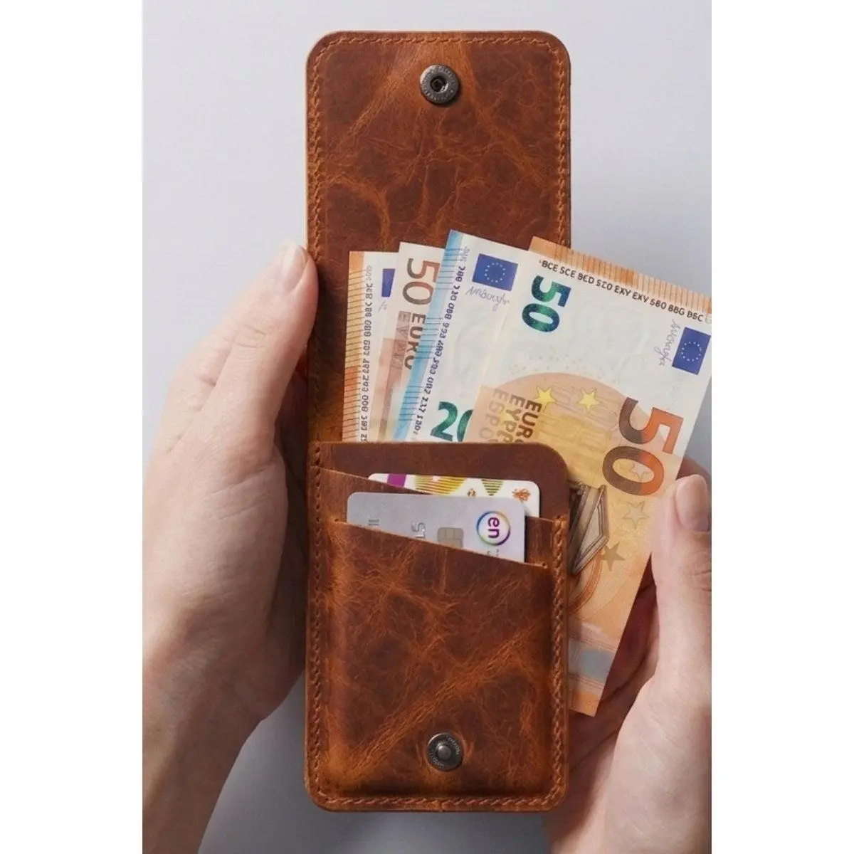 Tan Vertical Genuine Leather 4 Card Slots Wallet Handmade for Men Gift