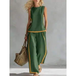 2026 Linen Blend Two Piece Set for Women Sleeveless Color Block Top Wide Leg Pants Set Casual Summer Outfit Womenswear # LinenSet # WideLegPants # ColorBlock # SummerOutfit # BohoFashion # CasualWear # Outfit of the Day # WomensFashion