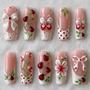Ladybug Garden Press-On Nails, 3D Red Ladybug Design, White Ribbon Flowers, Pink Nude Base, Polka Dot French Tips, Cute Cottagecore Spring Style Nails