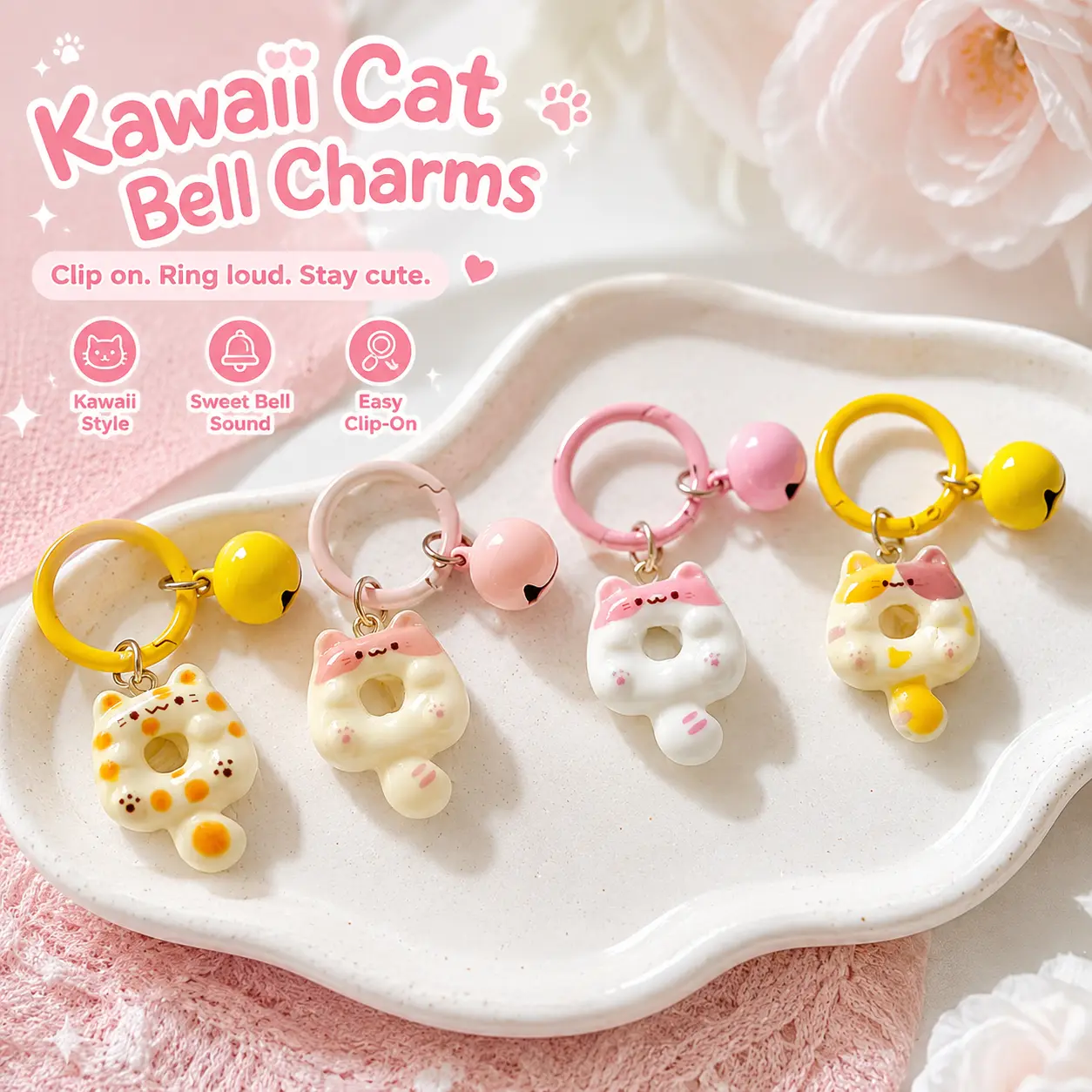 Kawaii Cat Bell Keychain Charm, Cute Donut Kitty Bag Charm with Colorful Clip Ring and Jingle Bell, Lightweight Key Ring Accessory for Backpack, Purse, Pouch, Zipper, Keys, Birthday and Holiday Gift, 4 Styles