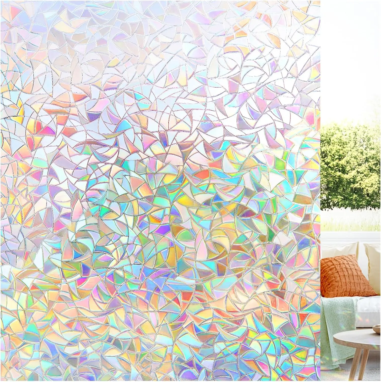 3D Laser Rainbow Window Film - Non-Adhesive Static Cling Waterproof Vinyl Decal, Sun-UV & Sunlight Blocker Window Privacy Film, Bathroom Home Decor Removable Glass Sticker, 17.5x78.7 in