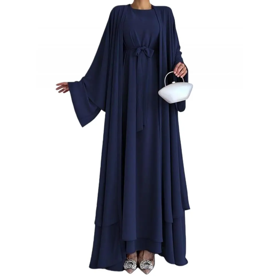 Women's Solid Color Lace-Up Front Long Robe and Dress Two-Piece Set, Elegant Long Sleeve Round Neck Long Dress and Open Front Long Coat Set Suitable for Spring and Autumn, Women's Daily Wear Islamic Clothing,leopard,mermaid
