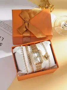 Women's Elegant Fashion Watch & Bracelet Set, Casual Trendy Wristwatch & Heart Charm Bracelet, Fashionable Watch Set As Gift for Women & Girls