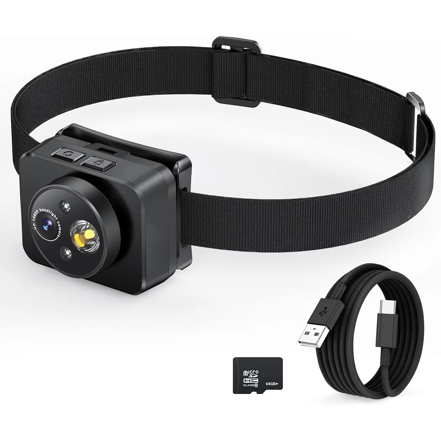 Head-Mounted Camera, LED headlamp, 1080P HD Action Camera, Wearable Video Recording, 64GB Internal Storage, Suitable for Nighttime Outdoor Adjustable Portable