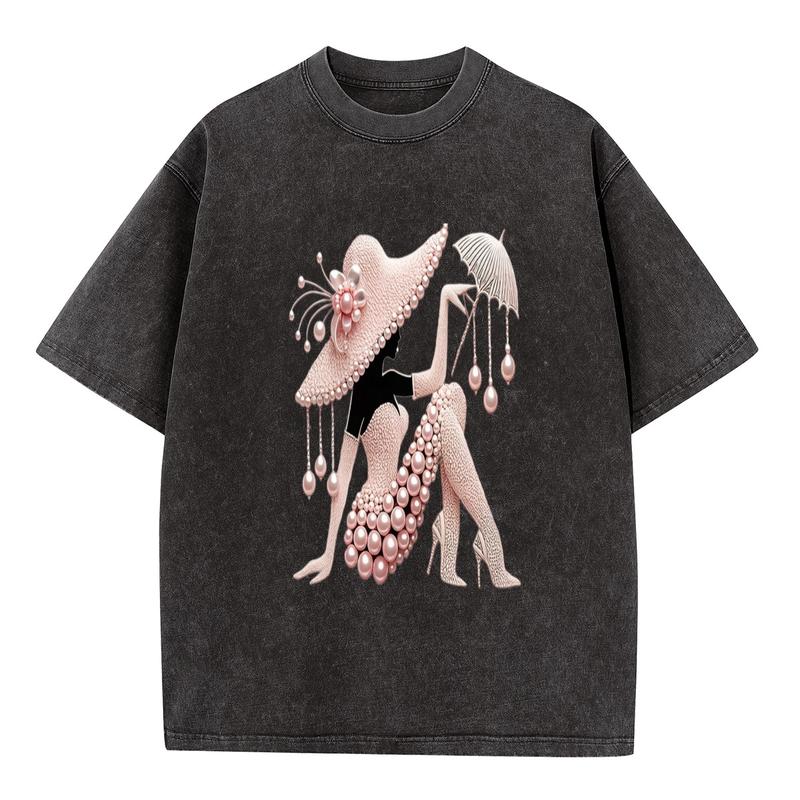Women's Plus Size Acid Wash T-Shirt - Curvy Fit, Vintage Oversized Short Sleeve Crew Neck, Elegant Pearl Graphic Basic Tee for Beach, Formal Wear